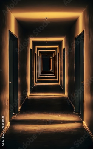 A chilling photograph capturing the essence of liminal space aesthetics. The infinitely long hallway is bathed in a haunting yellow light © Vorenza