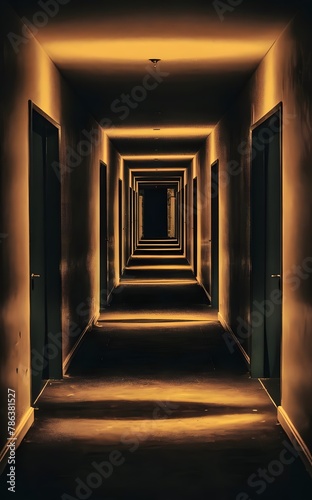 A chilling photograph capturing the essence of liminal space aesthetics. The infinitely long hallway is bathed in a haunting yellow light © Vorenza