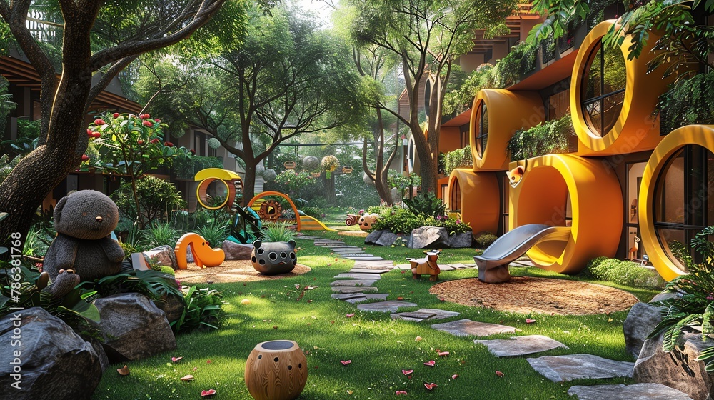 Children s play area brightened with playful 3D rendered animalshaped topiaries - obrazy, fototapety, plakaty 