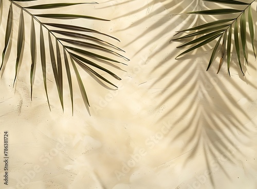 A shadow of palm leaves on the sand background in a top view