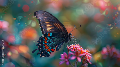 A monarch butterfly is shown in a field of flowers

 photo