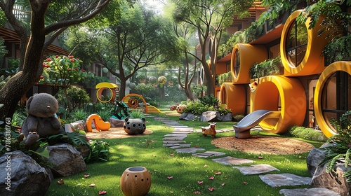 Children s play area brightened with playful 3D rendered animalshaped topiaries photo