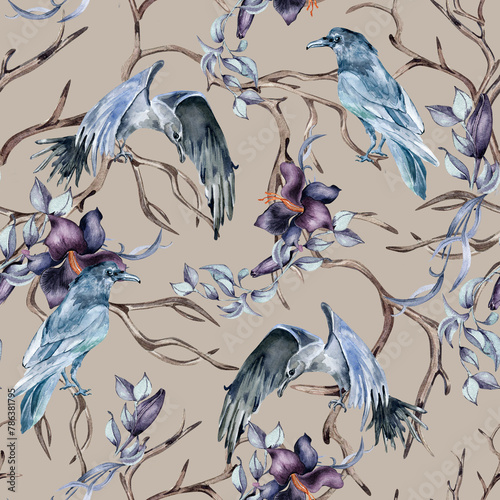 Mystical seamless pattern with watercolor crow isolated on neutral color. Autumn winter woodland with black bird. Dark forest with dry branches and botanical flowers hand drawn. For package, textile