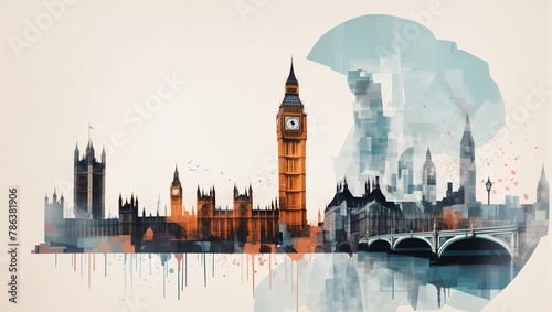 A painting of the London skyline with the Houses of Parliament and Big Ben photo