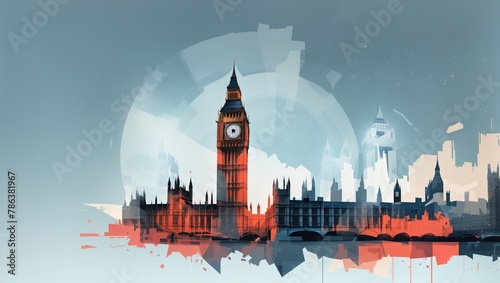 A painting of the London skyline with the Houses of Parliament and Big Ben