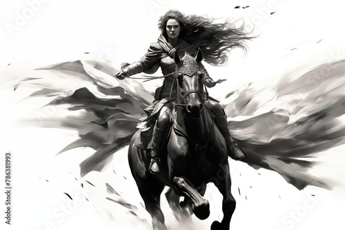 Black and White Illustration of a Valkyrie on a Horse on a White Background