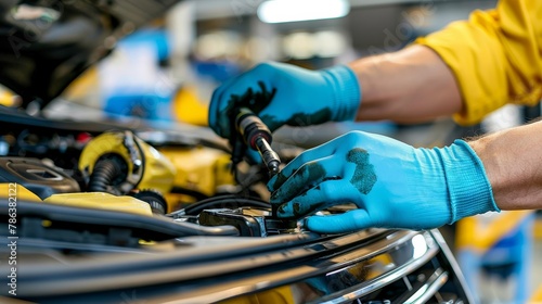 Skilled auto mechanic s hands performing car repairs in a specialized service center