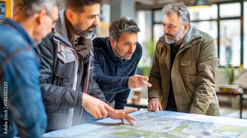 Men gathered around  closely examining a map during an urban planning meeting in a city