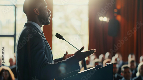 African American Politician Making A Speech At A Conference Or Meeting. Generative Ai. photo