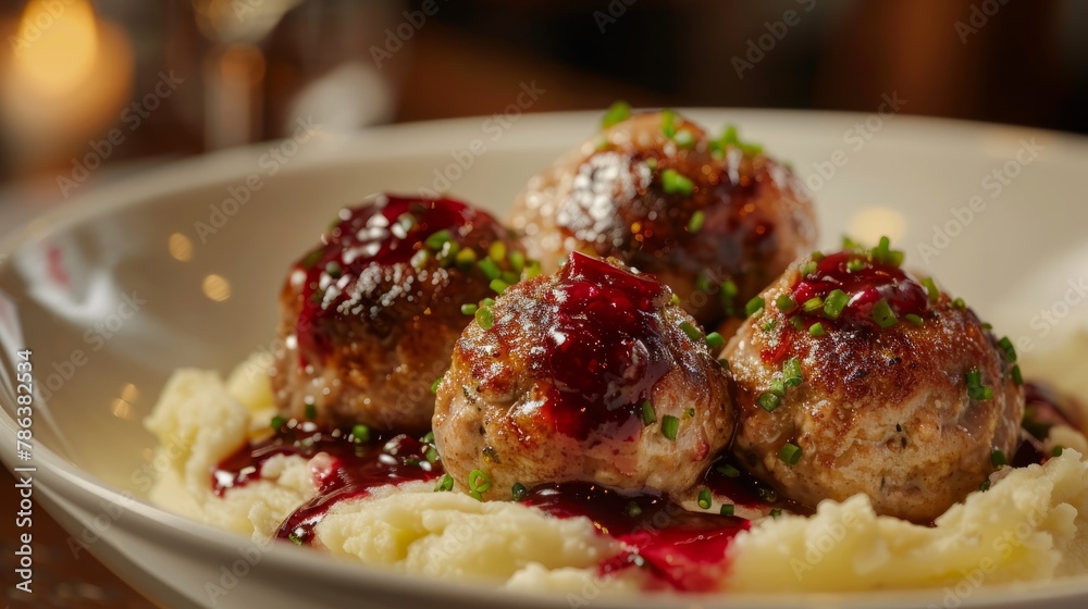A closeup shot of Swedish meatballs atop a bed of creamy mashed potatoes in a white bowl