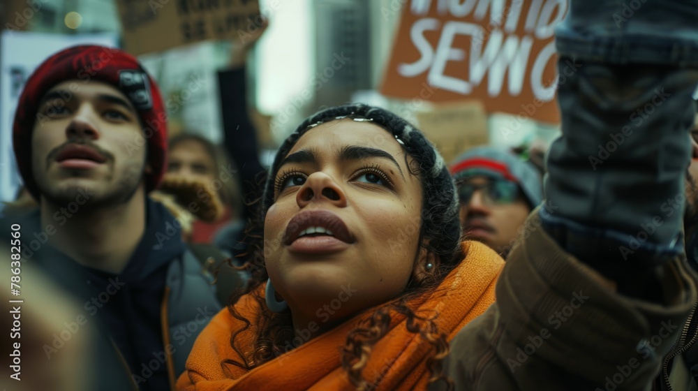 A woman standing in a crowd, passionately holding up a sign in protest or support, surrounded by diverse individuals with determined expressions