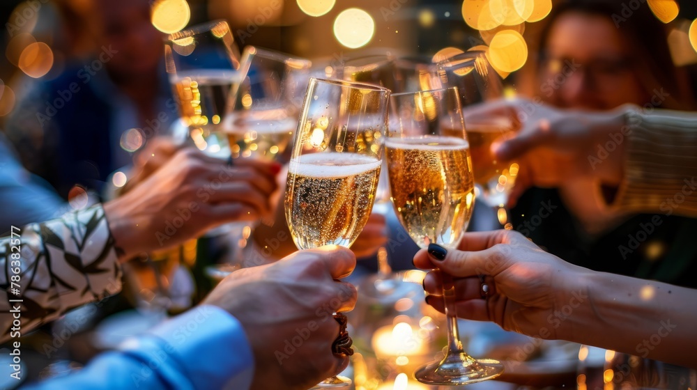 Closeup of a group clinking champagne glasses together in celebration