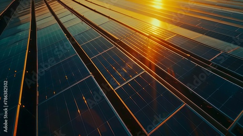 Setting sun casting warm light over a vast array of solar panels at a sustainable energy farm