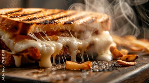 Close-up of a savory grilled panini sandwich with melted cheese oozing out on a wooden cutting board photo
