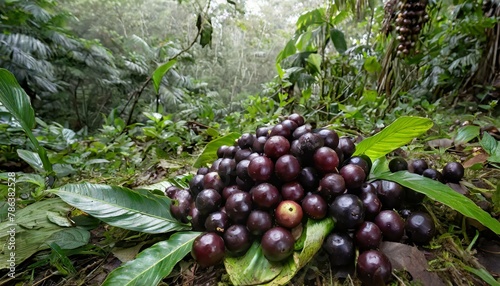 Numa clareira da floresta amazônica, um açaí fresco é colhido das palmeiras, suas bagas roxas contrastando com o verde exuberante ao seu redor. 