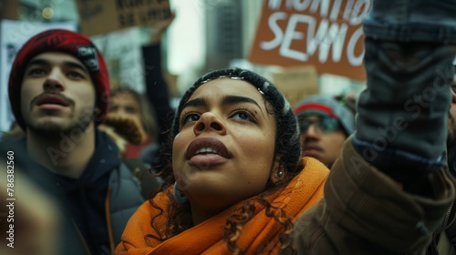 A woman standing in a crowd, passionately holding up a sign in protest or support, surrounded by diverse individuals with determined expressions