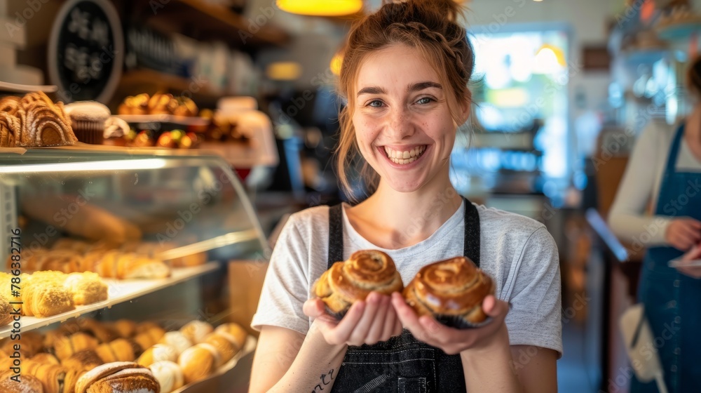 A joyful woman holding two doughnuts in a small pastry shop filled with delicious treats