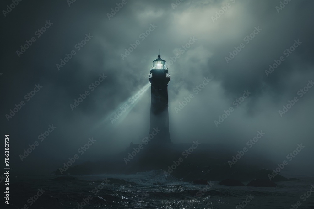 A haunted lighthouse, its beam revealing ghost ships in the night
