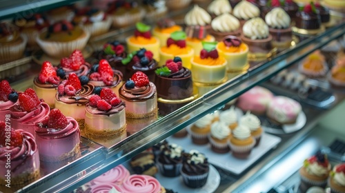 A display case filled with an assortment of delicious and creatively decorated cupcakes in a bakery setting