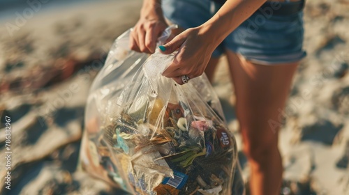 A volunteer holding a plastic bag filled with collected beach trash in their hands photo
