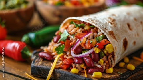 A closeup of an authentic Mexican burrito filled with beans and vegetables, wrapped in a flour tortilla, placed on a wooden cutting board