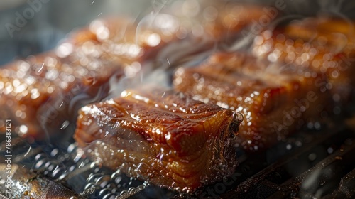 Succulent pork belly sizzling on barbecue grill outdoors