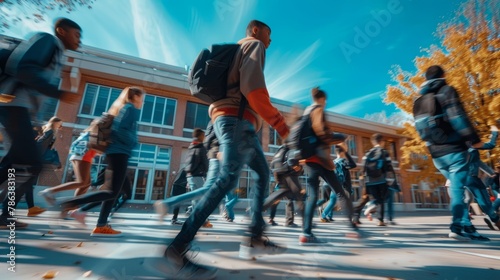 A varied group of students crossing the street briskly towards a school building