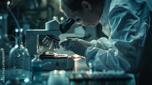 A man in a lab examining a sample through a microscope for research and analysis
