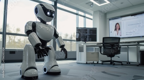 A robot sits attentively in front of a monitor in a modern office setting