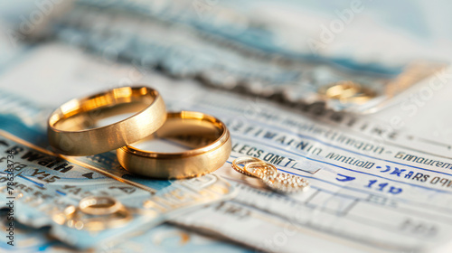 Honeymoon concept. Plane tickets and two golden rings