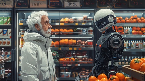 Elderly cartoon man shopping with assistance from a robotic supermarket guide, futuristic concept