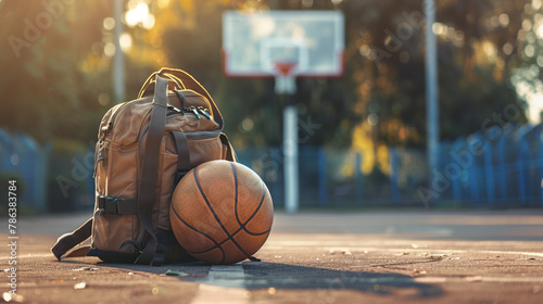 A school bag placed next to a basketball on an outdoor court, ready for a game during recess. © mudasir