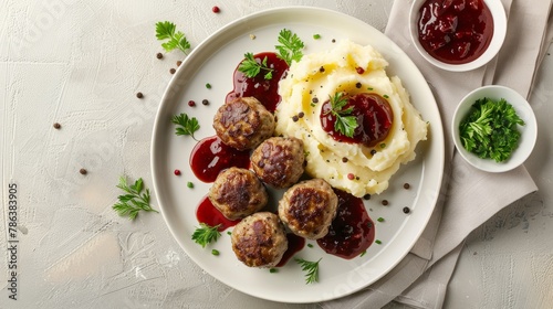 A white plate is topped with Swedish meatballs, mashed potatoes, and lingonberry sauce in a traditional Swedish meal arrangement