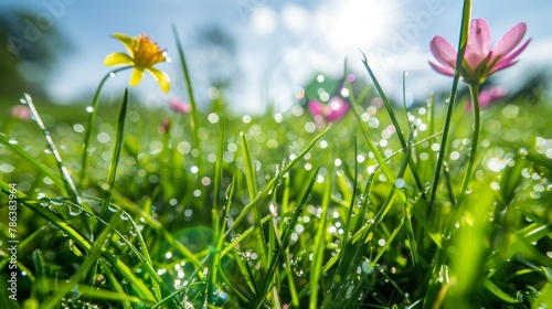 A close-up view of colorful flowers among the grass from a low angle  showcasing their beauty and detail