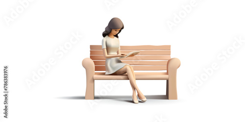 Woman, a girl sits on a bench and reads a book, 3D. For concepts of education, science, literature, recreation, and lifestyle. Vector illustration