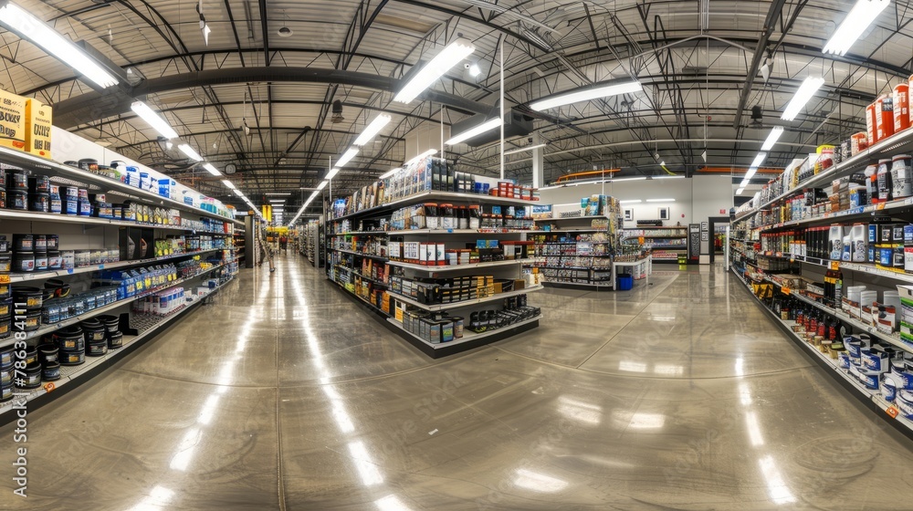 A panoramic view of a brightly lit grocery store with aisles filled with a variety of food products