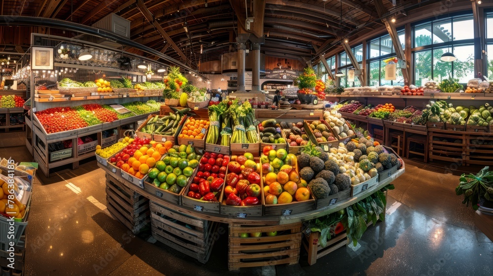 A grocery stores produce section is packed with a variety of fresh fruits and vegetables, displaying vibrant colors and textures