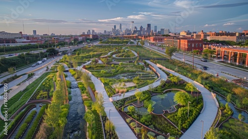 A wide-angle aerial shot of a park with a river flowing through it, showcasing green infrastructure projects like rain gardens and permeable pavement