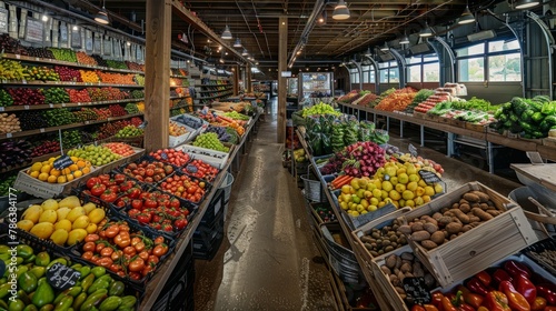 A wide-angle shot of a bustling grocery store brimming with a colorful array of fresh fruits and vegetables