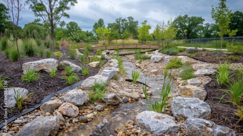 A garden featuring rocks, plants, and a bridge, with meandering pathways creating a serene atmosphere