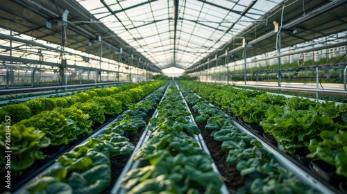 A wide-angle shot of a modern greenhouse filled with an abundance of vibrant green plants, primarily hydroponic crops