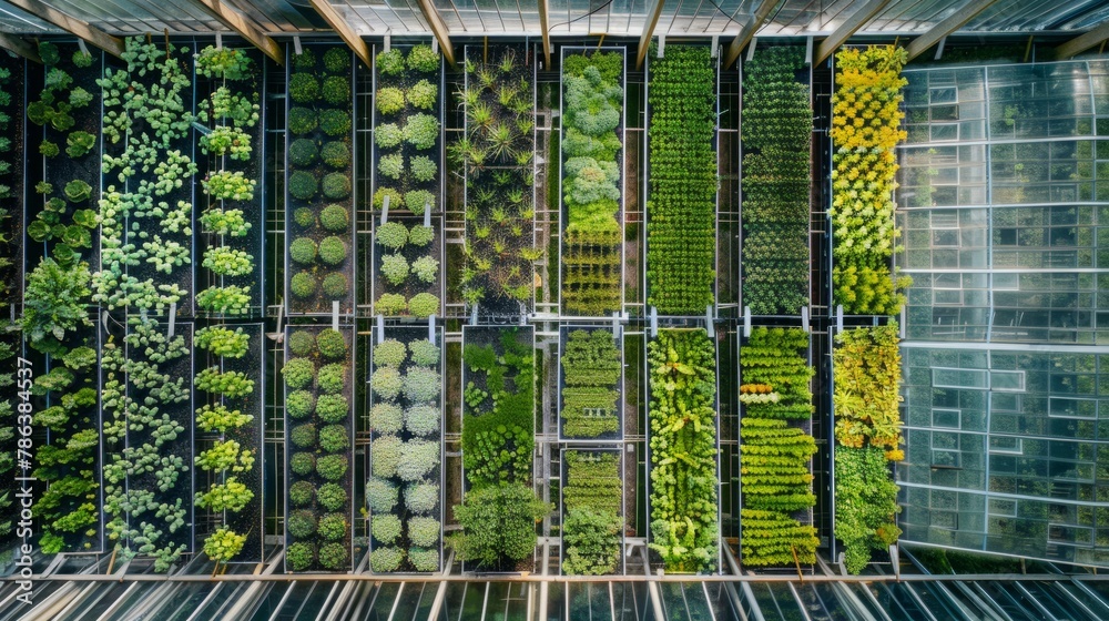 A view from above showcasing symmetrical rows of hydroponic crops in a greenhouse