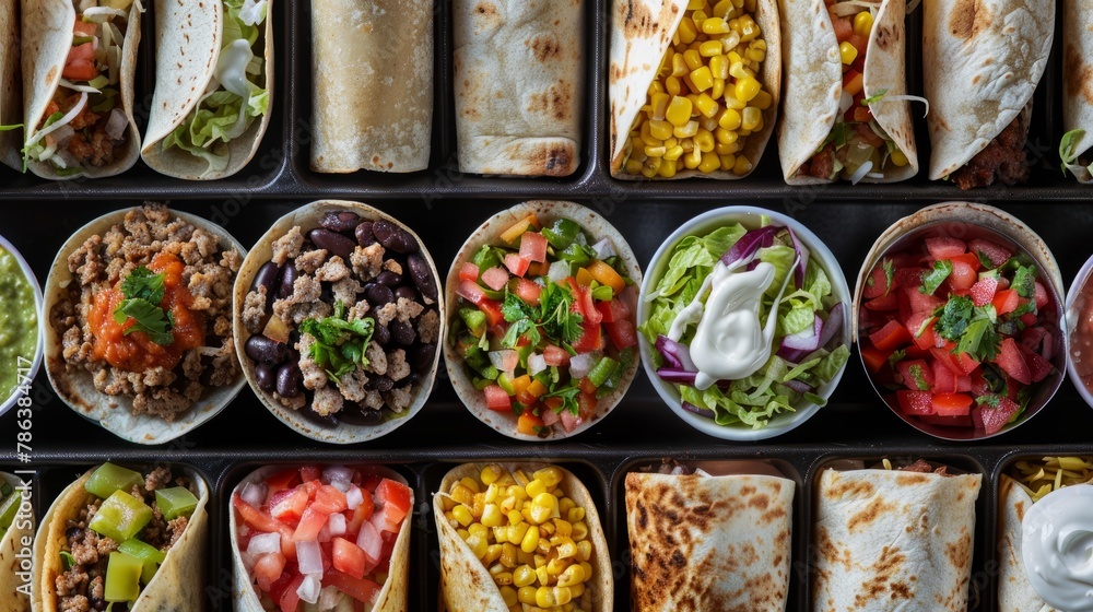 Fototapeta premium A group of traditional Mexican burritos neatly organized and packed in a to-go container