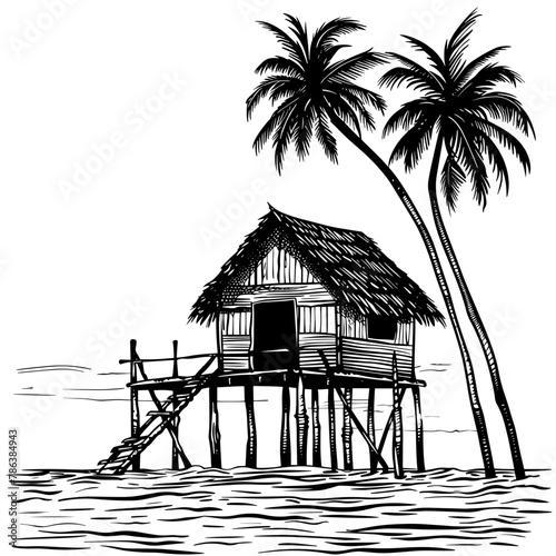 Hut and palm tree on stilts near sea, ocean. Landscape with beach. Black and white outline. Vector illustration.