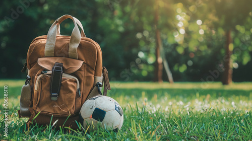 A school bag placed next to a soccer ball on a grassy field, hinting at after-school activities.