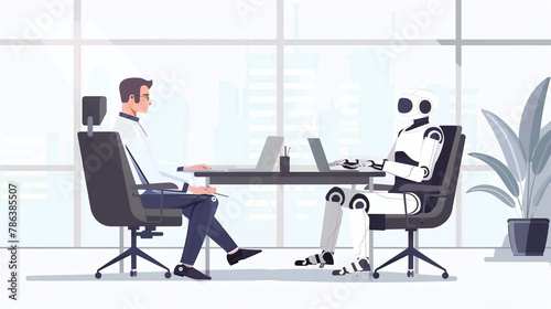 Job Interview With Futuristic Robot In Modern Office. Ai Replacing Humans. Taking Our Jobs In The Future. Generative Ai © Michael