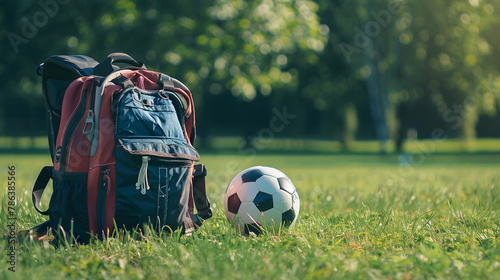 A school bag placed next to a soccer ball on a grassy field  hinting at after-school activities.