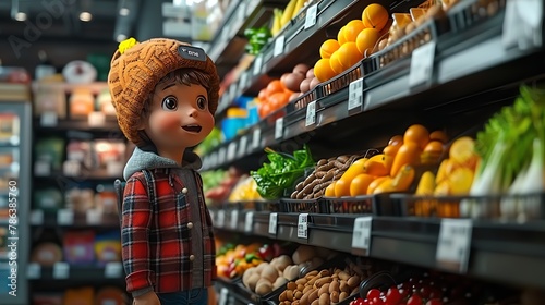 Healthconscious 3D cartoon character examining organic products in a specialty aisle photo