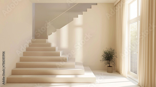 Elegant beige stairs in a cozy Scandinavian lounge with a window providing soft natural light.