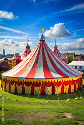 Vibrant circus tent with red and white stripes under a blue sky, ready for an entertaining show